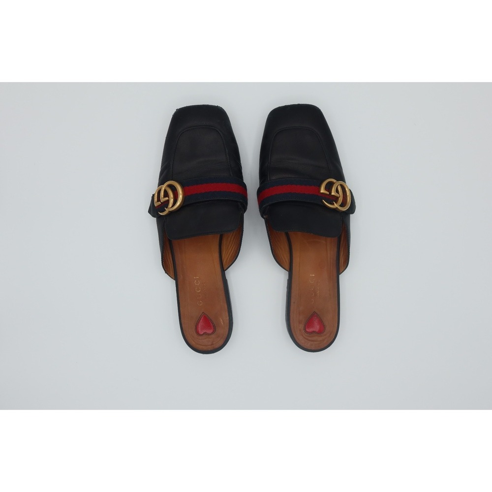 Gucci Princetown Black Leather GG Web Horsebit Mule Loafers Womens 38
